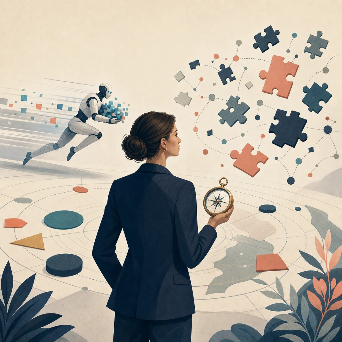 A marketing strategist holding a compass while an AI robot races ahead and disconnected puzzle pieces float in the background.