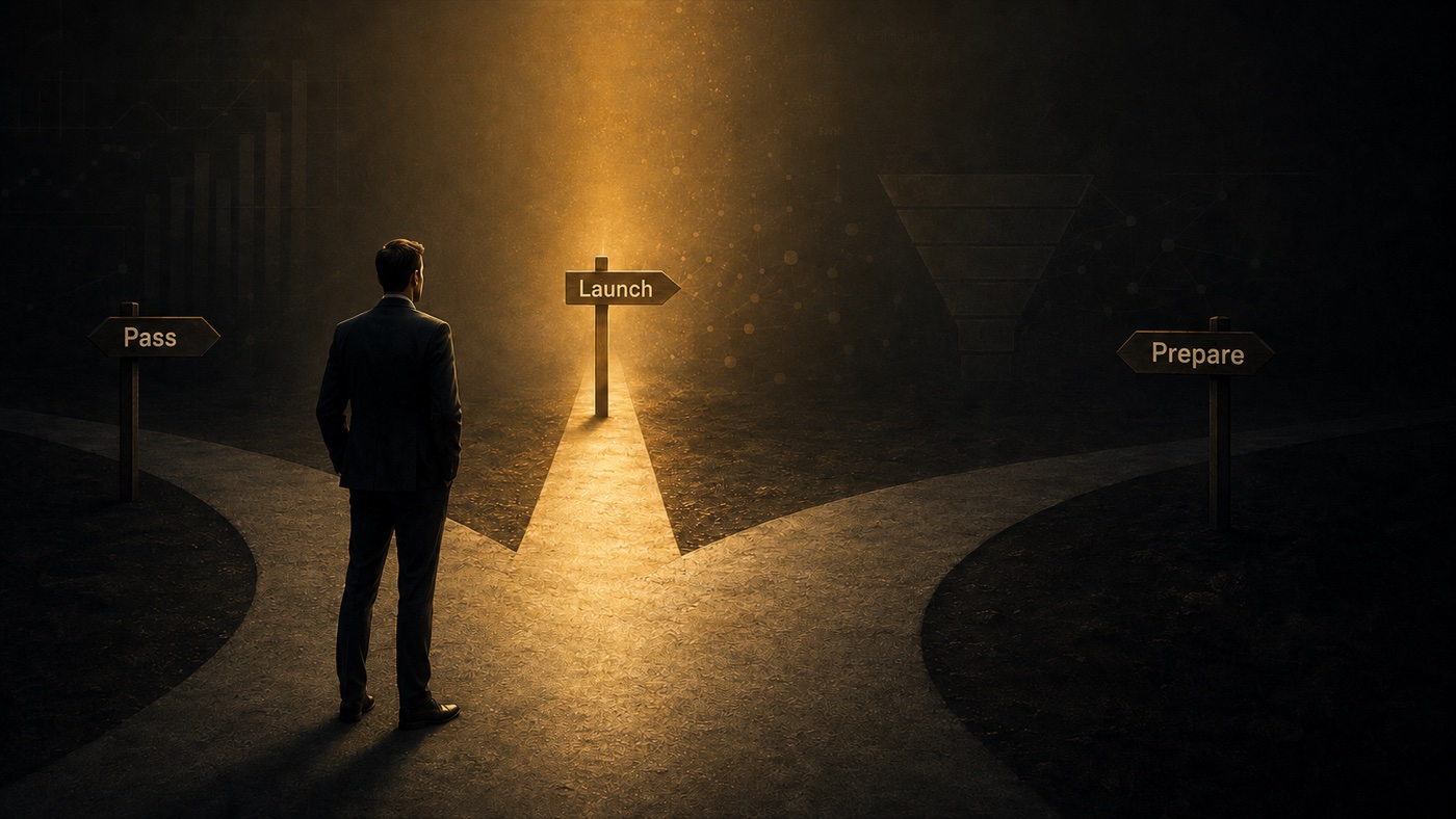 A businessman standing at a crossroads with three directional signs — Launch, Prepare, and Pass — lit by a golden light.